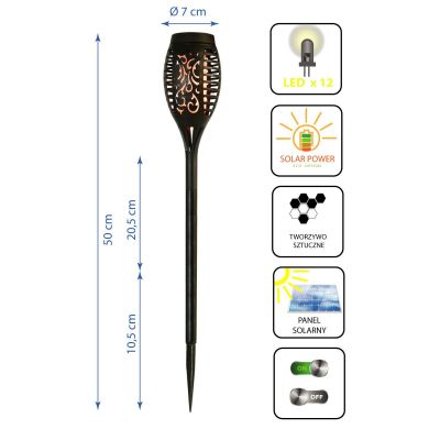 2. Solar-Taschenlampe mit tanzenden Flammen, 12 SMD-LEDs, 7 x 7 x 50 cm