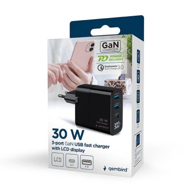 10. GEMBIRD 3-Port-GaN-USB-Schnellladegerät (PD) (2x USB-A + 1x USB Typ-C), 30 W, LCD, Schwarz
