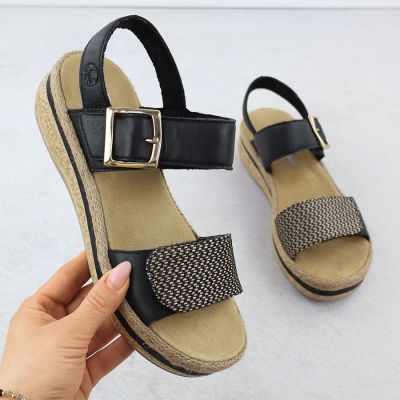 Schwarze Keilsandalen aus Leder für Damen mit Klettverschluss, Rieker V0951