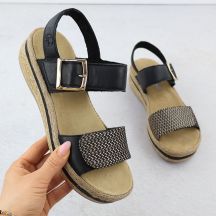 Schwarze Keilsandalen aus Leder für Damen mit Klettverschluss, Rieker V0951