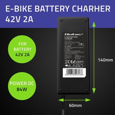 6. Qoltec 52613 36V 42V 2A Elektrofahrrad-Ladegerät mit Bosch 3-Pin-Stecker + Stromkabel