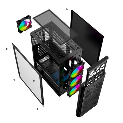 10. GEMBIRD FORNAX 400X MIDI-TOWER-CASE (2x USB 3.0, 1x USB 2.0, HD-Audio, Seitenwand aus Glas, ARGB-Hintergrundbeleuchtung) SCHWARZ