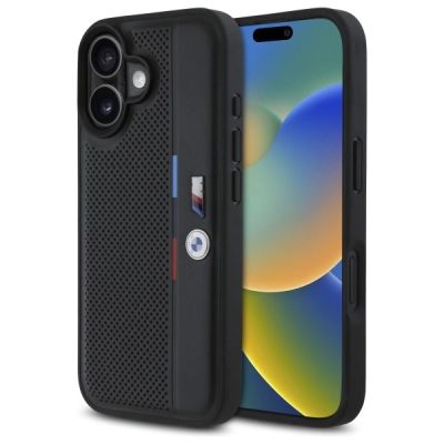 BMW M Perforierte Tricolor Detail Line Hülle für iPhone 16 – Schwarz