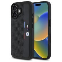 BMW M Perforierte Tricolor Detail Line Hülle für iPhone 16 – Schwarz