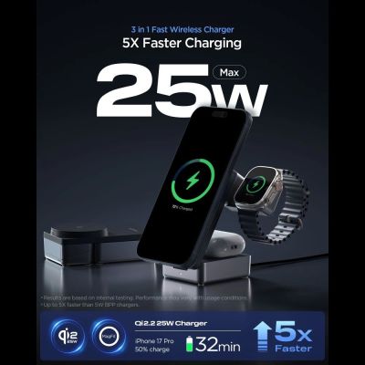 7. Spigen Essential Qi2.2 25W 3-in-1 MagSafe Magnetisches Kabelloses Ladegerät – Schwarz