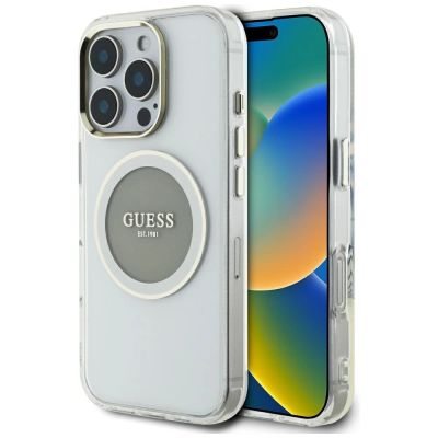 Guess IML Metal Colored Circle Classic Logo MagSafe Hülle für iPhone 16 Pro Max - Grau