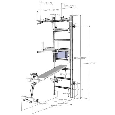 10. Turnwand-Stangenanlage aus Holz und Metall mit Stange, Bank und Zubehör BANCHK 233W