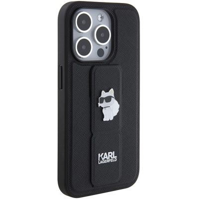 5. Karl Lagerfeld Gripstand Saffiano Choupette Pins Hülle für iPhone 15 Pro Max – Schwarz