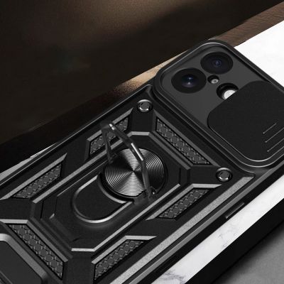7. Hybrid Armor Camshield iPhone 17 Hülle mit Ständer und Kameraabdeckung - Schwarz