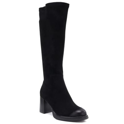Damenstiefel aus schwarzem Velourslederimitat mit Absatz Potocki SZ12849