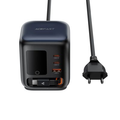 2. Acefast Z10 GaN 100W 3xUSB Desktop-Ladegerät mit einziehbarem USB-C-Kabel und TFT-Display – Schwarz