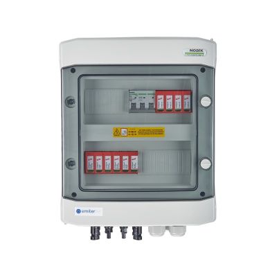 Hermetischer DC/AC-Emitteranschlusskasten IP65 mit Dehn 1000-V-DC-Überspannungsableiter Typ 2, 2 x PV-String, 2 x MPPT // Dehn-AC-Begrenzer Typ 2, 16 A, 3-polig