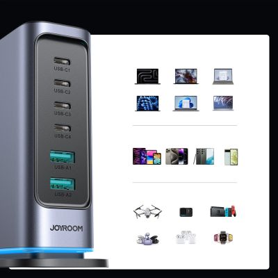 10. Joyroom JR-TCM02 Multiport-GaN-Ladegerät 65W EU 4x USB-C 2x USB-A - Dunkelgrau