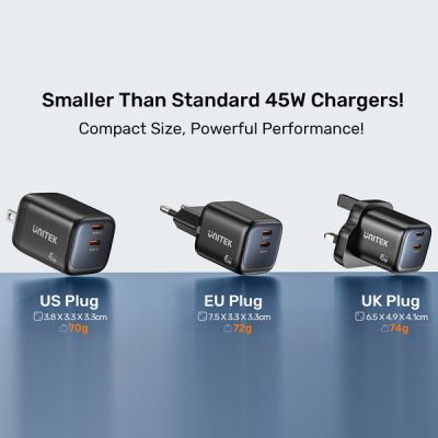 42. UNITEK 2x GAN 45W Ladegerät, 2x USB-C PD 3.0, QC, Schwarz