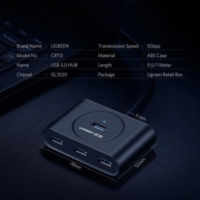 10. Ugreen HUB 4x USB 3.2 Gen 1 (0,5 m Kabel) schwarz (20290)