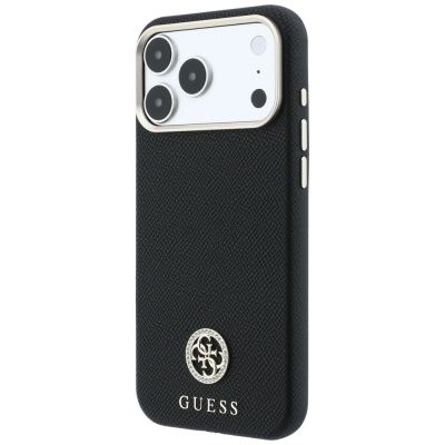 2. Guess MagSafe Hülle mit genarbtem, rundem Strass-Logo für iPhone 18 Pro Max / 17 Pro Max – Schwarz