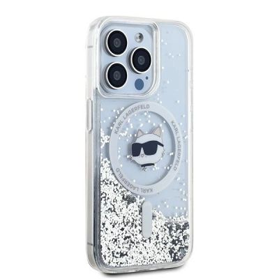 3. Karl Lagerfeld Liquid Glitter Choupette Head MagSafe Hülle für iPhone 14 Pro – transparent