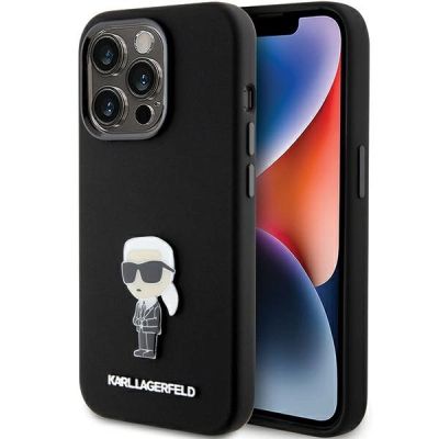 Karl Lagerfeld Silikon Ikonik Metal Pin Hülle für iPhone 15 Pro – Schwarz