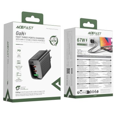 4. Acefast A108 GaN PD 67W 2xUSB-C 1xUSB-A Wandladegerät - Schwarz