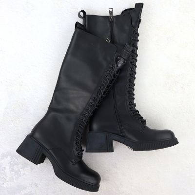 2. Damen-Lederstiefel im Offiziersstil mit Schnürung und Blockabsatz, schwarz, Vinceza 66804