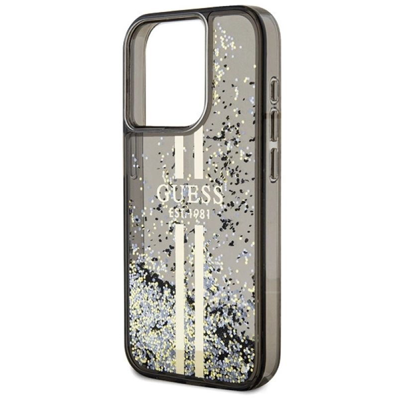 6. Guess Liquid Glitter Gold Stripes Hülle für iPhone 15 Pro – Schwarz
