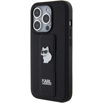 3. Karl Lagerfeld Gripstand Saffiano Choupette Pins Hülle für iPhone 15 Pro Max – Schwarz