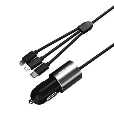 8. Dudao 3in1 USB Autoladegerät 3,4 A eingebautes Kabel Lightning / USB Typ C / Micro USB schwarz (R5ProN schwarz)