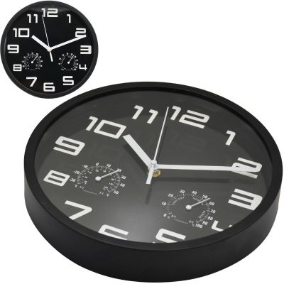 6. 25 cm Wanduhr mit Thermometer, schwarz