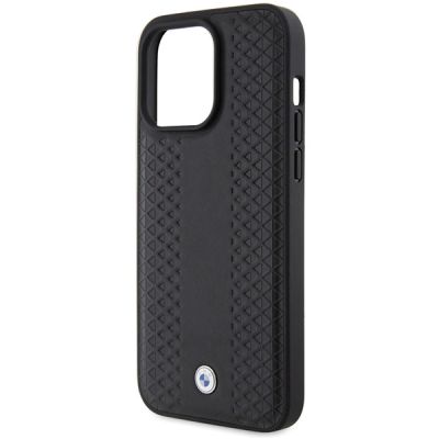 6. BMW Lederhülle mit Rautenmuster für iPhone 15 Pro – Schwarz