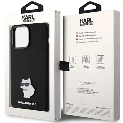 8. Karl Lagerfeld Choupette Metal Pin-Hülle aus Silikon für iPhone 15 Pro Max – Schwarz