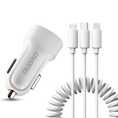 Dudao Car Kit Ladegerät 2x USB 2.4A + Kabel USB 3in1 Lightning / Type C / Micro USB Kabel weiß (R7 weiß)