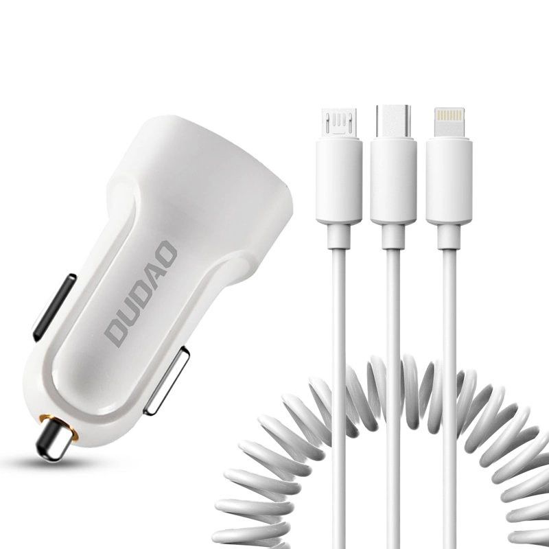 Dudao Car Kit Ladegerät 2x USB 2.4A + Kabel USB 3in1 Lightning / Type C / Micro USB Kabel weiß (R7 weiß)