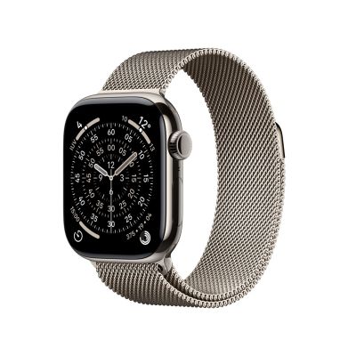 Apple Watch Series 11 (2025) Cell 42 mm Titangehäuse (Natur) mit Milanaise-Armband (Natur).