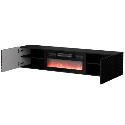 2. LARA TV-Schrank 183x35x37 schwarz matt + schwarzer Kamin