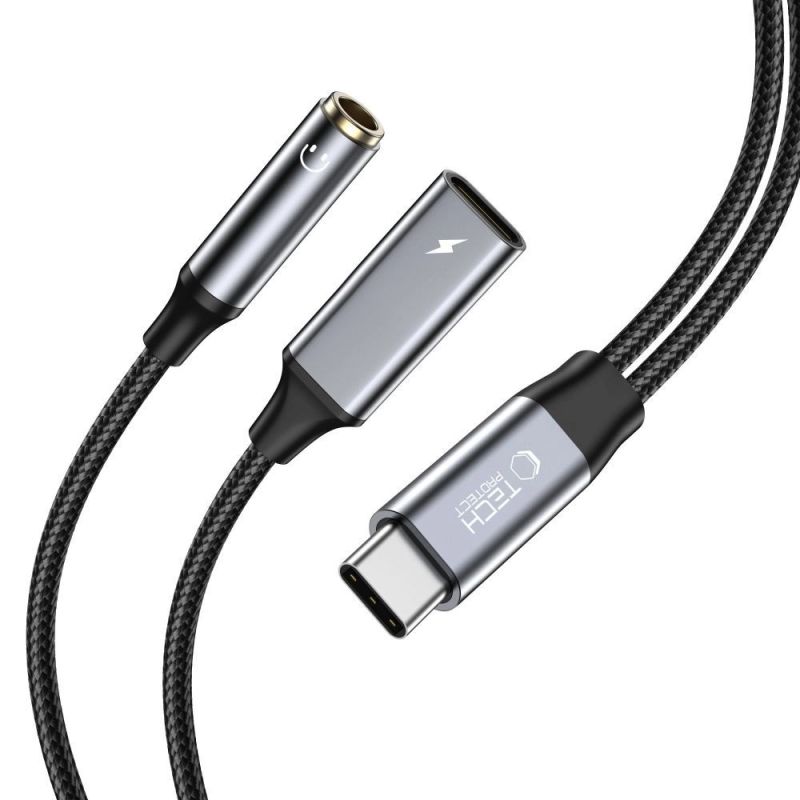 Tech-Protect UltraBoost USB-C (männlich) PD 60W 6A / Miniklinke 3,5 mm (weiblich) – USB-C-Kabel (weiblich) – Schwarz