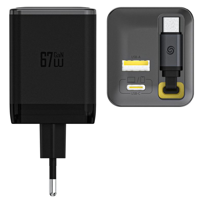 3. Dudao A67EU GaN 67W Wandladegerät mit integriertem, einziehbarem USB-C Power Delivery Quick Charge - Schwarz