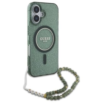 3. Guess IML Glitter With Pearl Strap MagSafe-Hülle für iPhone 16 – Grün