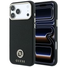 Guess MagSafe Hülle mit genarbtem, rundem Strass-Logo für iPhone 18 Pro Max / 17 Pro Max – Schwarz