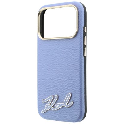 6. Karl Lagerfeld MagSafe-Hülle mit genarbter Oberfläche und Harz-Logo für iPhone 18 Pro / 17 Pro – Hellblau