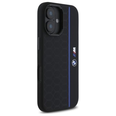 4. BMW Silikon-Hülle mit sechseckigem, blauem Streifen und MagSafe-Funktion für iPhone 16 – Schwarz
