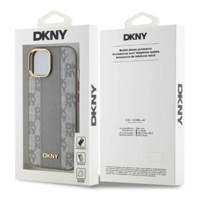 5. DKNY Leather Checkered Mono Pattern MagSafe-Hülle für iPhone 15 – Beige