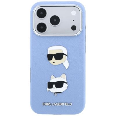 3. Karl Lagerfeld Saffiano Hülle mit Karl & Choupette Köpfen Pins & Logo für iPhone 18 Pro / 17 Pro - hellblau
