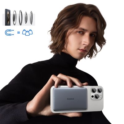 6. Baseus PicoGo AM41 5000 mAh 20 W ultradünne MagSafe-kompatible Powerbank mit schwarzem Baseus Simple USB-C 60 W 30 cm Kabel – Grau