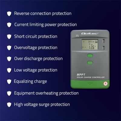 5. Qoltec MPPT-Solarladeregler mit Temperatursensor 10 A | 12 V / 24 V | LCD | 2 x USB | Bluetooth | App | GEL | LiFePO4