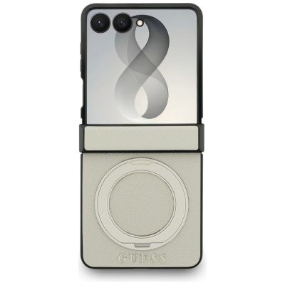 2. Guess Magnetische Ringständer-Hülle mit genarbtem Classic Logo und MagSafe-Design für Samsung Galaxy Z Flip 8 – Beige