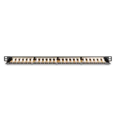 18. Hochdichtes Patchpanel 19 Zoll, 24x RJ45, LSA-Level, Cat. 6, geschirmt, 0,5 HE, schwarz, Kabelführung