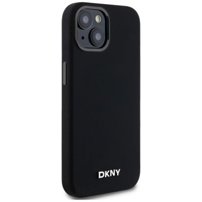 4. DKNY Flüssigsilikon-MagSafe-Hülle mit kleinem Metalllogo für iPhone 14/15/13 – Schwarz