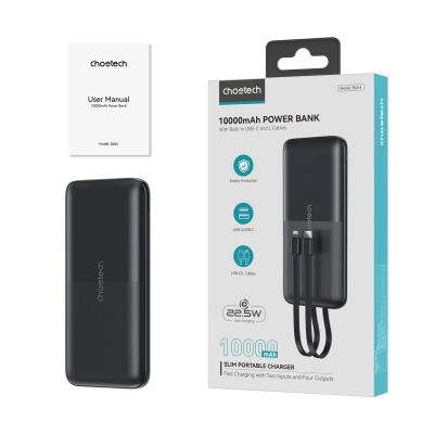 3. Choetech B654 10000 mAh 22,5 W USB-A/USB-C/Micro-USB-Powerbank mit integriertem USB-C/ Lightning Kabel – Schwarz