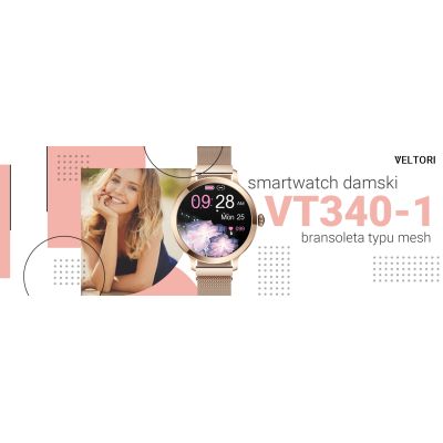 13. VELTORI VT340-1 Damen-Smartwatch, Goldarmband + rosa Silikonarmband
