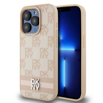 DKNY Lederhülle mit kariertem Monomuster und bedruckten Streifen für iPhone 15 Pro Max – Rosa